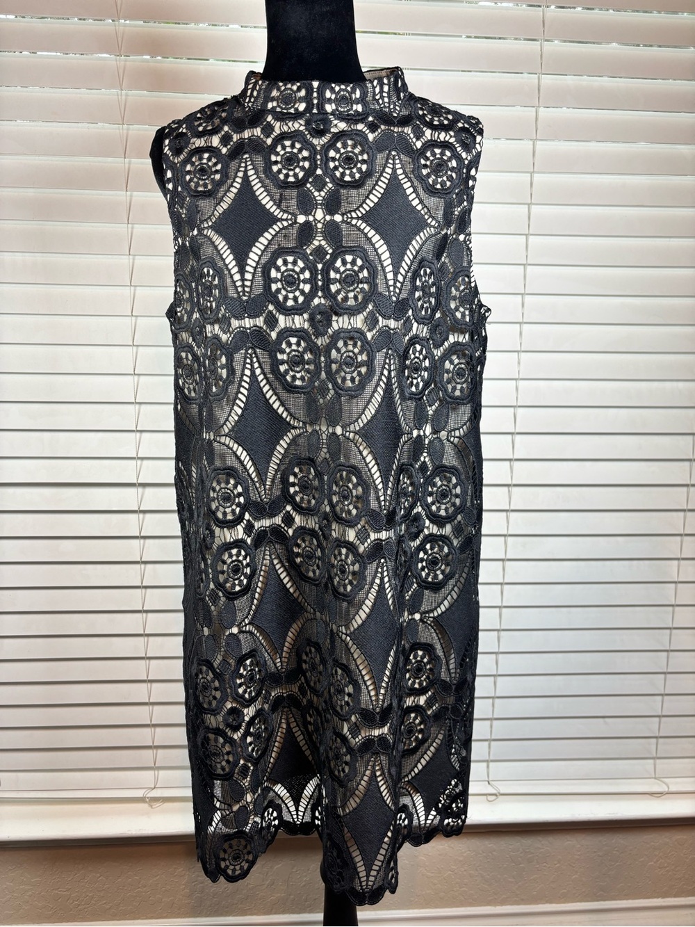 Umgee Black Crochet Lace Mock Neck Sleeveless Shift Dress Nude Lined Boho Chic L